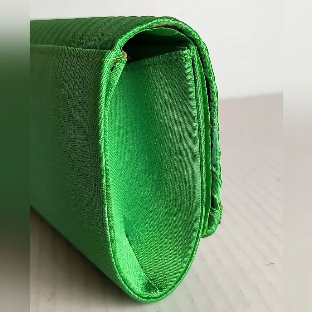 Green Shimmering Satin Evening Clutch Bag Pleated Snap Closure Faux Rhinestone